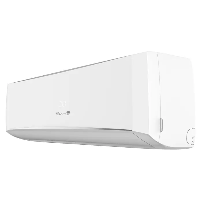 Aire acondicionado Inverter Samui - 3.000 W, 2.700 W, 15 m², Blanco - Primer plano de un aire acondicionado Samun blanco, montado en la pared con una pantalla de temperatura en el panel frontal.