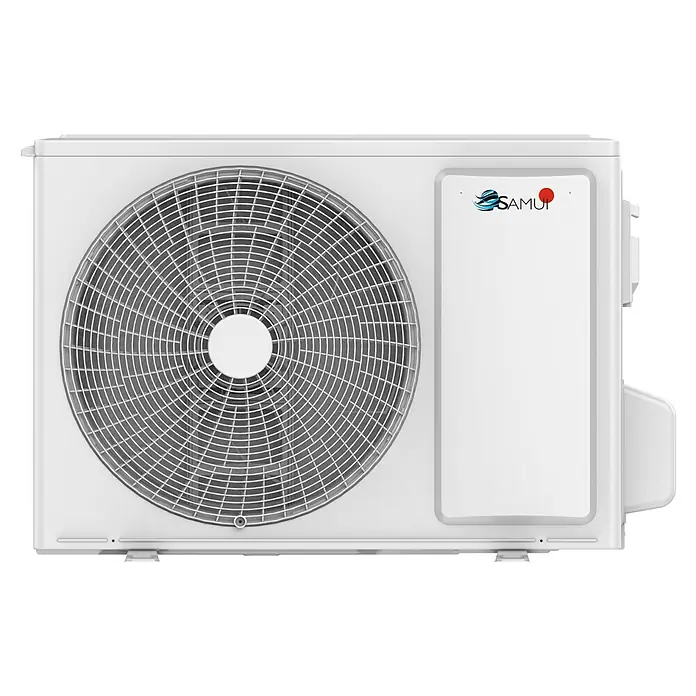 Aire acondicionado Inverter Samui - 3.000 W, 2.700 W, 15 m², Blanco - Primer plano de un aire acondicionado SAMUI con ventilador y logotipo. Refrigeración ideal para casa u oficina.