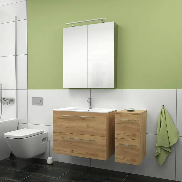 Camargue Espacio Waschtischunterschrank - 80 x 46 x 60 cm, 2 Schubkästen, Doce - Das moderne Badezimmer-Set mit Holzunterschrank, Waschbecken und Spiegelschrank bietet stilvollen Stauraum und ein helles Ambiente.
