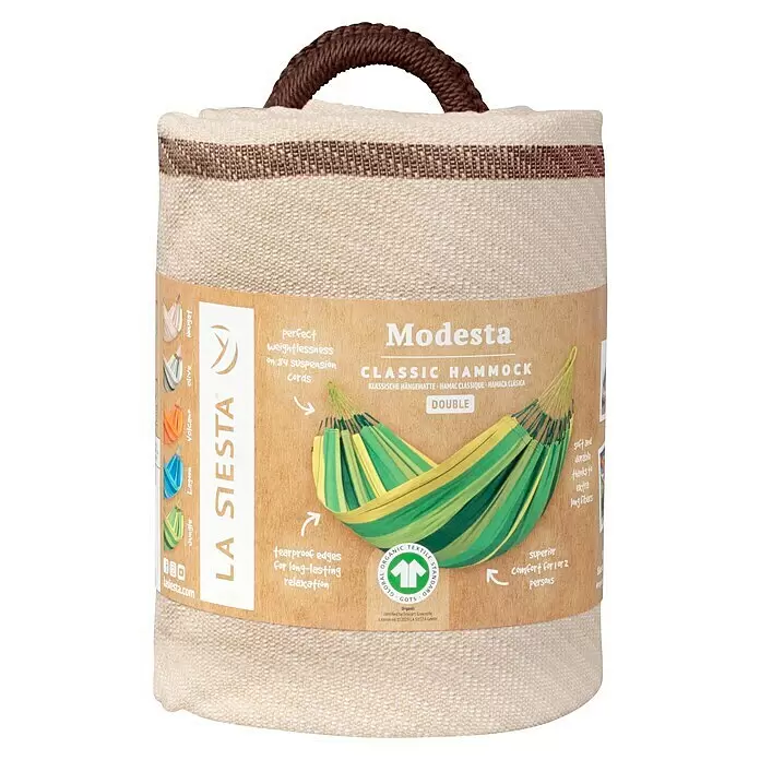 La Siesta Hängematte Modesta - L x B: 350 x 160 cm, Nougat, Double - Verpackte beige Hängematte mit braunem Griff und Papieretikett, das eine grün-gelbe Hängematte zeigt.