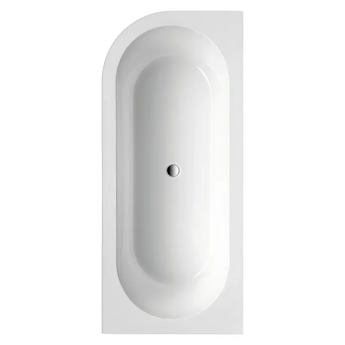 Ottofond Badewanne Siesta Corner - 178 x 78 cm, Sanitäracryl, Schwarz/Weiß, Links - Draufsicht auf eine moderne, weiße Badewanne mit abgerundeten Ecken und zentralem Abfluss. Die perfekte Badewanne für Ihr Badezimmer.