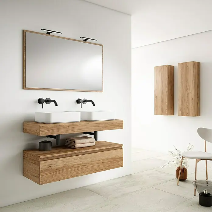Mueble bajo de lavabo Aidan - L x An x Al: 45 x 120 x 30 cm, Teka - Interior elegante de baño con doble lavabo de madera, lavamanos rectangulares y espejo a juego con iluminación.