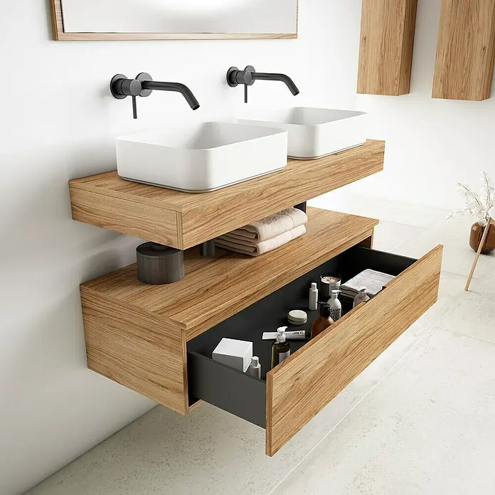 Mueble bajo de lavabo Aidan - L x An x Al: 45 x 100 x 30 cm, Teka - Mueble de baño moderno con lavabo doble y cajón abierto con aspecto de madera. Diseño elegante para el baño.