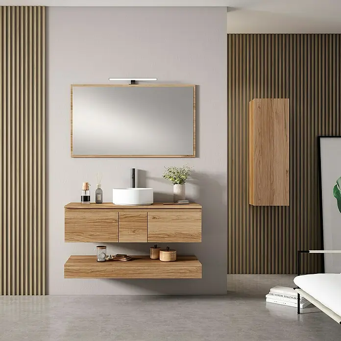 Mueble bajo de lavabo Sienna - L x An x Al: 45 x 100 x 30 cm, Teka - Elegante mueble de baño de madera con lavabo sobre encimera y espejo para un ambiente moderno.