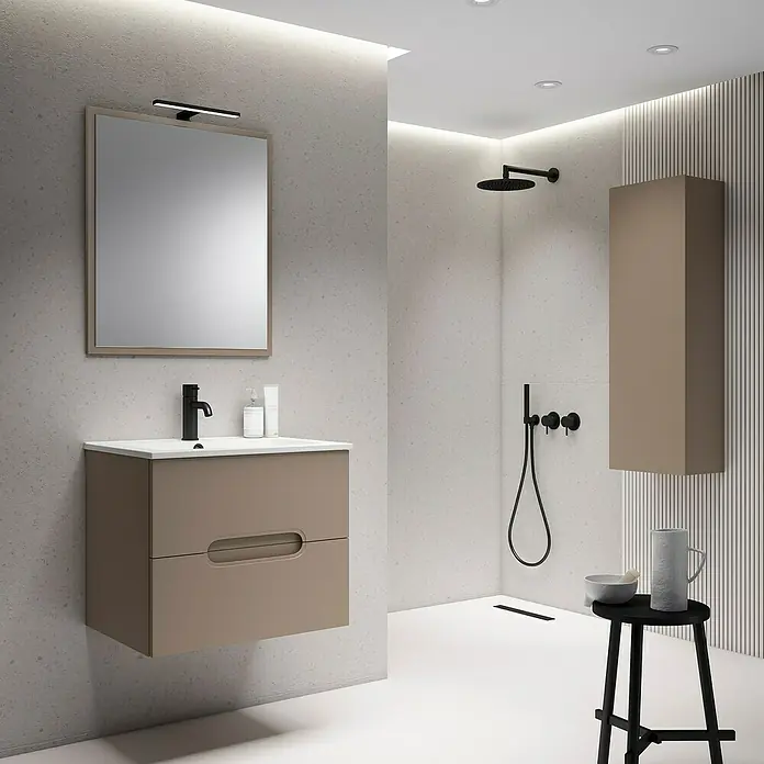 Armario colgante de baño Universal - L x An x Al: 25 x 25 x 110 cm, Moka - Baño con mueble de lavabo color topo, espejo y zona de ducha. Mobiliario de baño moderno para un ambiente elegante.