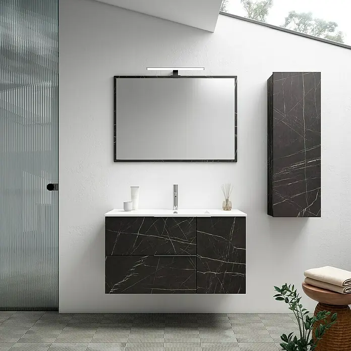 Armario colgante de baño de baño - 35 x 25 x 110 cm, Específico para: Muebles Wave / One - Interior de baño con tocador moderno de aspecto mármol negro, espejo y un armario de pared. Diseño elegante para un baño contemporáneo.