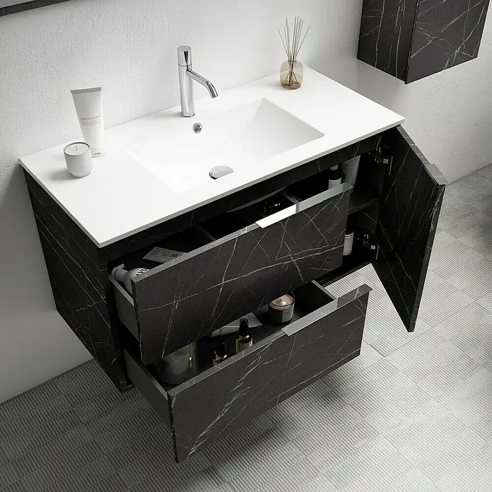 Mueble bajo de lavabo Wave - An x Pr x Al: 100 x 45 x 55 cm, Marquina - Un tocador moderno con estructura de mármol, lavabo blanco y cajones abiertos que muestran elementos esenciales del baño. Diseño elegante.