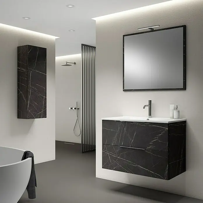 Mueble bajo de lavabo One - An x Pr x Al: 80 x 45 x 55 cm, Marquina - Interior de baño con mueble bajo efecto mármol, espejo y cabina de ducha. Diseño elegante para baños modernos.