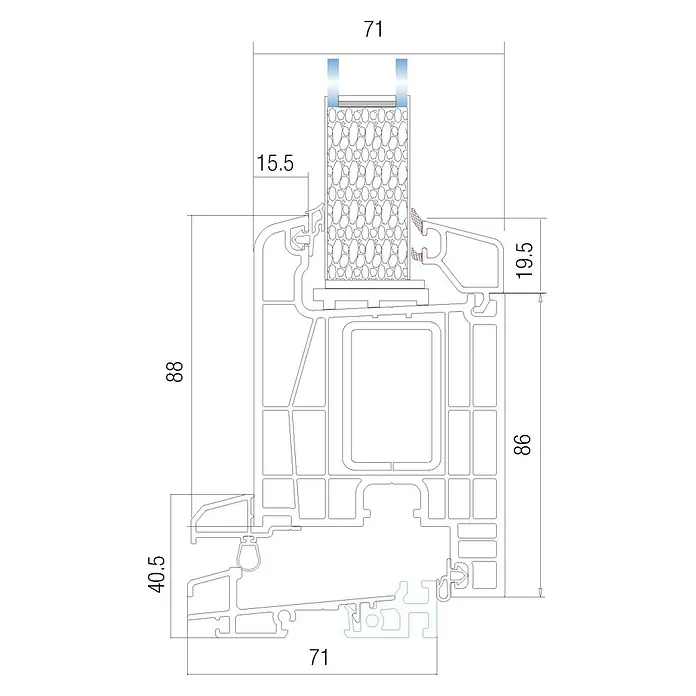 Panto Nebeneingangstür Premium SMK 510 - 98 x 198 cm, DIN Anschlag: Links, Anthrazit/Weiß - Schnittzeichnung eines Fensterprofils mit Maßangaben. Das Profil ist detailliert dargestellt und mit verschiedenen Maßen versehen.