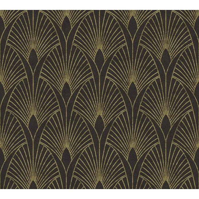 A.S. Création New Walls Vliestapete Art Deco - Schwarz/Gold, Grafisch, 10,05 x 0,53 m - Goldfarbene Fächer-Tapete im Art-Déco-Stil.