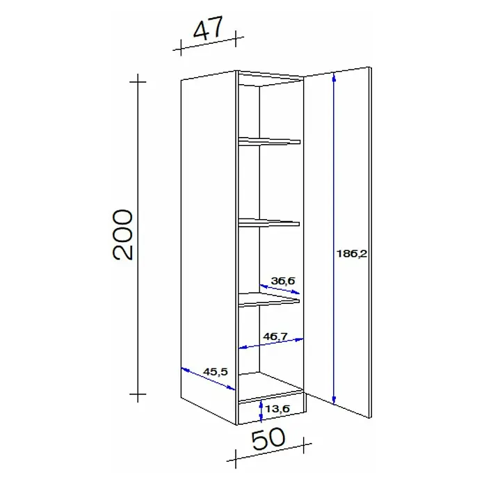 Flex-Well Rapido Geschirrschrank - 47 x 50 x 200 cm, Dekor Front: Weiß, Dekor Korpus: Weiß - Abbildung eines offenen weißen Küchenschranks mit mehreren Regalen und den Maßen 200 cm Höhe und 50 cm Breite.