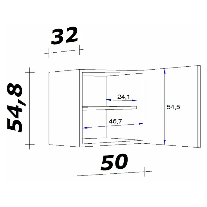 Flex-Well Rapido Hängeschrank - 32 x 50 x 54 cm, Dekor Front: Weiß, Dekor Korpus: Weiß - Skizze eines Hängeschranks mit Abmessungen, einschließlich Höhe, Breite und Tiefe, sowie Innenregalabständen und Türhöhe.
