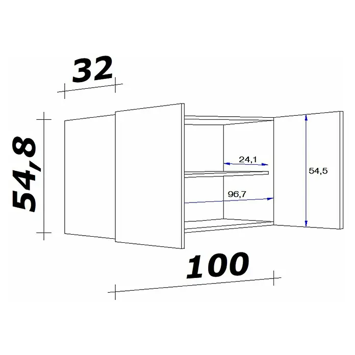 Flex-Well Rapido Hängeschrank - 32 x 100 x 54 cm, Dekor Front: Weiß, Dekor Korpus: Weiß - Die Darstellung zeigt ein Küchenschrank mit den Maßen 54,8 cm Höhe, 100 cm Breite und 32 cm Tiefe, ergänzt durch Innenmaße und Regalabstände.
