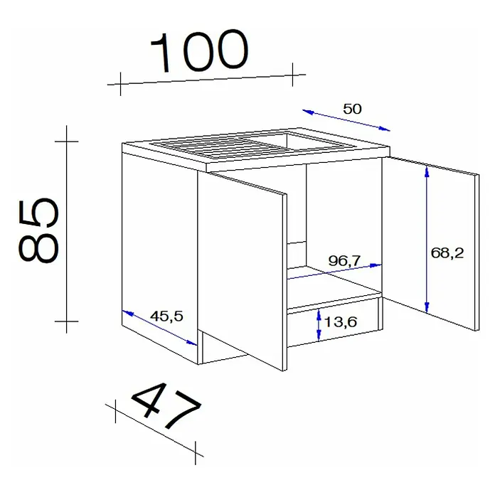 Flex-Well Rapido Spülenunterschrank - 47 x 100 x 85 cm, Dekor Front: Weiß, Dekor Korpus: Weiß - Abbildung eines Küchenschranks mit Waschbecken und Schublade, die die Maße des Objekts anzeigt.\n