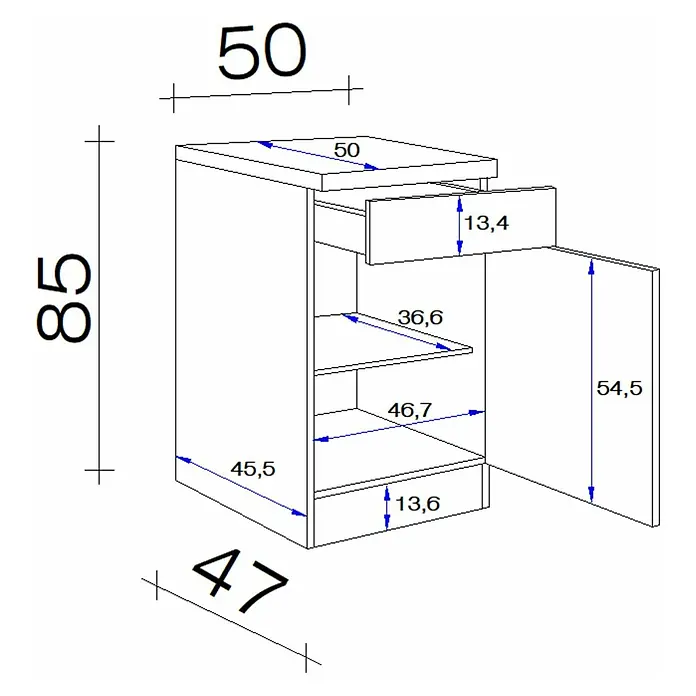 Flex-Well Rapido Küchen-Unterschrank - 47 x 50 x 85 cm, Dekor Front: Weiß - Skizze eines kompakten Nachttisches mit Schublade und offenem Fach, detaillierte Maße für Design und Planung.