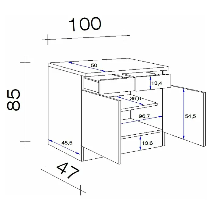 Flex-Well Rapido Küchen-Unterschrank - 47 x 100 x 85 cm, Dekor Front: Weiß - Abbildung eines Schranks mit Schubladen und offenen Türen, Maße sind beschriftet. Die Zeichnung zeigt das Möbelstück mit genauen Angaben.