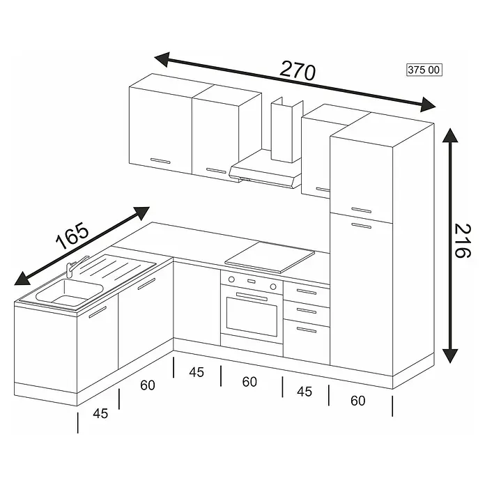 Marinelli Cucine Vormontierte Winkelküche Vega - B x T: 270 x 160 cm, Anthrazit/Nuss, Mit Elektrogeräten, Spüle links - Bild einer Küchenzeile mit Maßangaben für die Planung. Die Zeichnung zeigt Details zu Schränken, Spüle, Herd und weiteren Elementen.