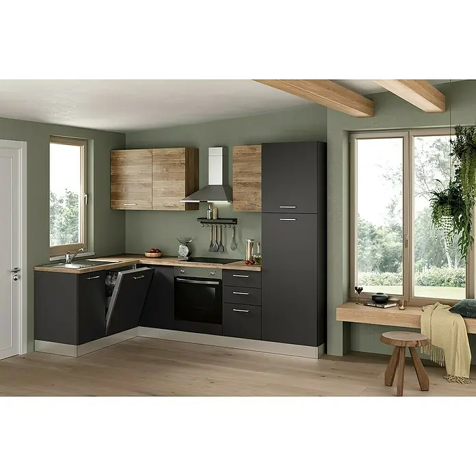 Marinelli Cucine Vormontierte Winkelküche Vega - B x T: 270 x 160 cm, Anthrazit/Nuss, Mit Elektrogeräten, Spüle links - Eine moderne Küche mit grauen Unterschränken, Holzoptik-Oberschränken und einer hellen Holz-Arbeitsplatte. Eine offene Spülmaschine ist ebenfalls zu sehen.