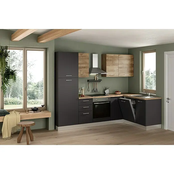 Marinelli Cucine Vormontierte Winkelküche Vega - B x T: 270 x 160 cm, Anthrazit/Nuss, Mit Elektrogeräten, Spüle rechts - Die moderne Küche mit ihren grauen Unterschränken und den hellen Holzfarben sorgt für ein harmonisches Gesamtbild. Das Design ist schlicht, aber stilvoll.