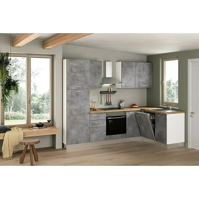 Marinelli Cucine Vormontierte Winkelküche Cassiopea - B x T: 270 x 165 cm, Hellgrau, Mit Elektrogeräten, Spüle rechts - Küchenansicht mit grauen Betonfronten, modernen Geräten und Holzelementen für eine stilvolle Atmosphäre.