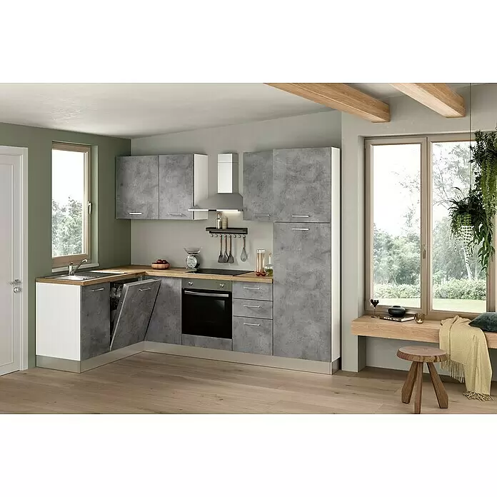 Marinelli Cucine Vormontierte Winkelküche Cassiopea - B x T: 270 x 165 cm, Hellgrau, Mit Elektrogeräten, Spüle links - Stimmungsaufnahme