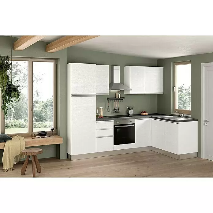 Marinelli Cucine Vormontierte Winkelküche Gemma - B x T: 270 x 160 cm, Weiß, Mit Elektrogeräten, Hochschränke links - Stimmungsaufnahme