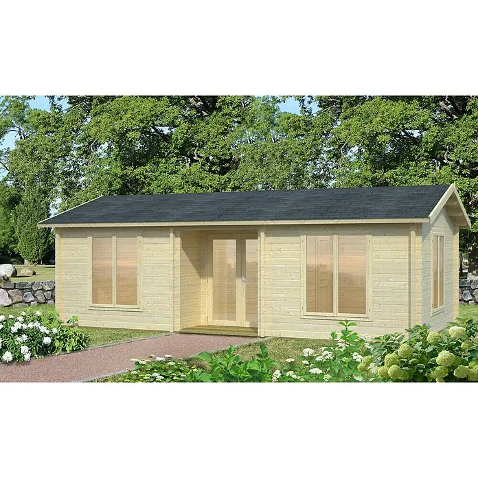 Palmako Caseta de jardín Anna - Medidas ext. (An x Pr): 834 x 460 cm, Madera, Natural - Una caseta de jardín de madera clara con techo oscuro, rodeada de vegetación, que ofrece un elegante refugio al aire libre.