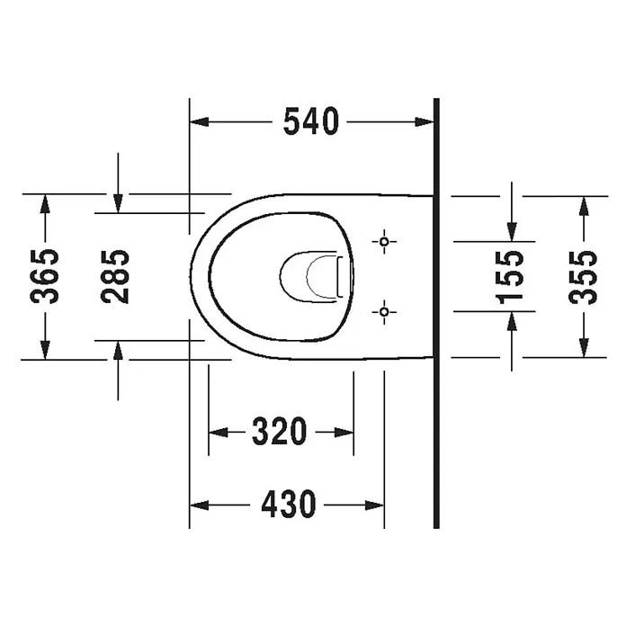 Duravit DuraStyle Wand-WC Basic - Spülrandlos, Mit antibakterieller Glasur, Spülform: Tief, WC Abgang: Waagerecht, Weiß - Technische Zeichnung einer Toilette mit Bemaßungen, die die Größe und Abstände der Montagepunkte angibt.