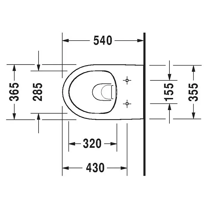 Duravit DuraStyle Wand-WC Basic - Spülrandlos, Mit antibakterieller Glasur, Spülform: Tief, WC Abgang: Waagerecht, Weiß - Technische Zeichnung einer Toilette mit Bemaßungen, die die Größe und Abstände der Montagepunkte angibt.