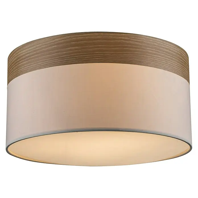 Globo Plafón redondo Chipsy - 40 W, E27, Ø x Al: 40 x 25 cm, Beige, Marrón - Primer plano de una lámpara de techo redonda con una parte superior de madera y una pantalla de color claro que emite una luz cálida.