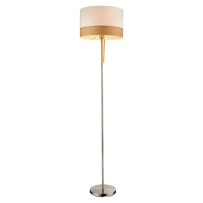 Globo Lámpara de pie Chipsy - 60 W, E27, Ø x Al: 40 x 170 cm, Níquel, Beige - Elegante lámpara de pie con pantalla de tela y detalles de madera, perfecta para crear un ambiente cálido y acogedor en salones y dormitorios.