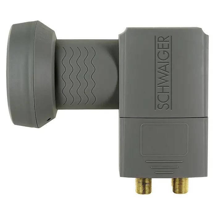 Schwaiger Quad LNB SUN PROTECT - 40 mm, Anthrazit - Nahaufnahme eines grauen Schwaiger Satellitenempfangskopfes, der ein hochwertiges Signal für Satellitenfernsehen bietet.