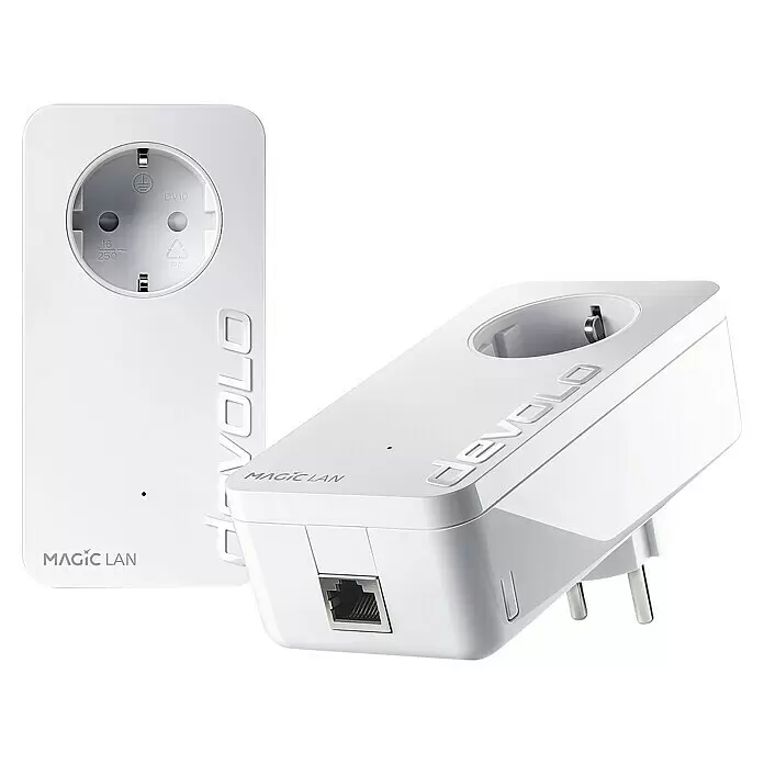 Devolo Starterkit Magic 2 LAN - 2 Stk., Passend für: devolo Magic-Reihe - Zwei weiße devolo Magic LAN Powerline-Adapter mit integrierten Steckdosen und Ethernet-Anschlüssen.
