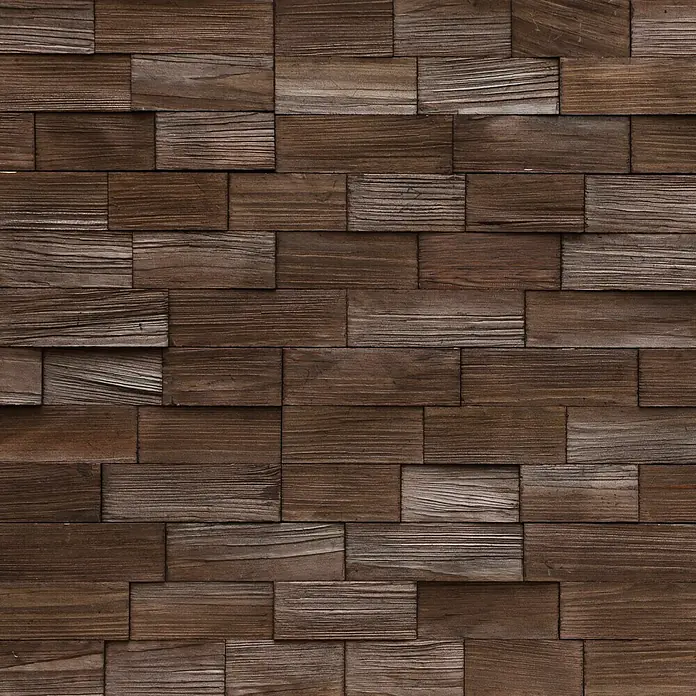 Wandpaneel Axen I - Kiefer, 780 x 190 mm, Stärke: 6 mm - 17 mm, 0,59 m² - Nahaufnahme einer Wandverkleidung aus dunklem Holz mit einer markanten Textur und einem horizontalen Ziegelmuster für rustikale Akzente.