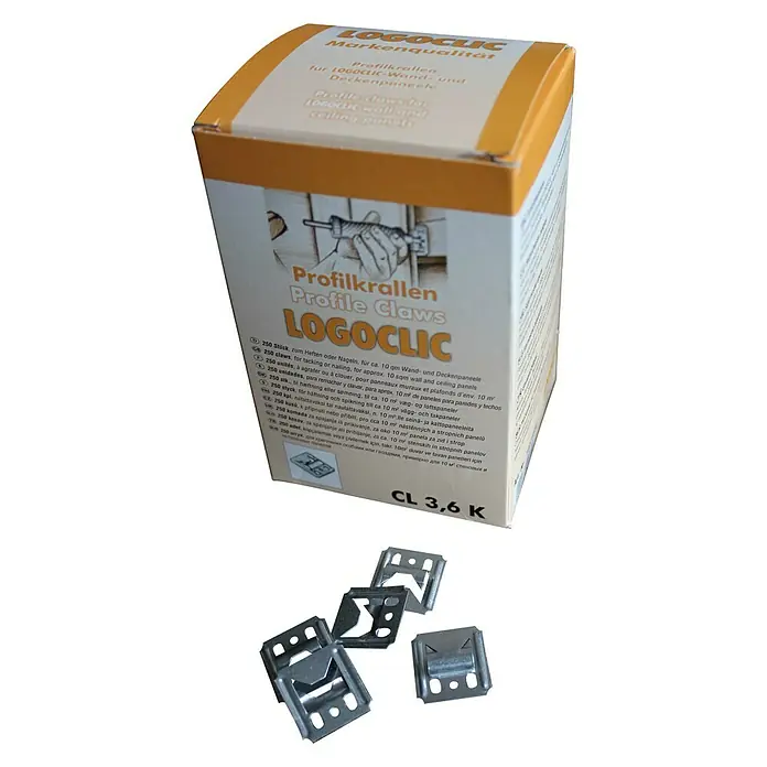 Paneelkrallen CL 3,6 K - 250 Stk. - Verpackung der Logoclic Profilkrallen mit 250 Stück Inhalt, geeignet für Wand- und Deckenpaneele. Dazu Metallkrallen für die Montage.