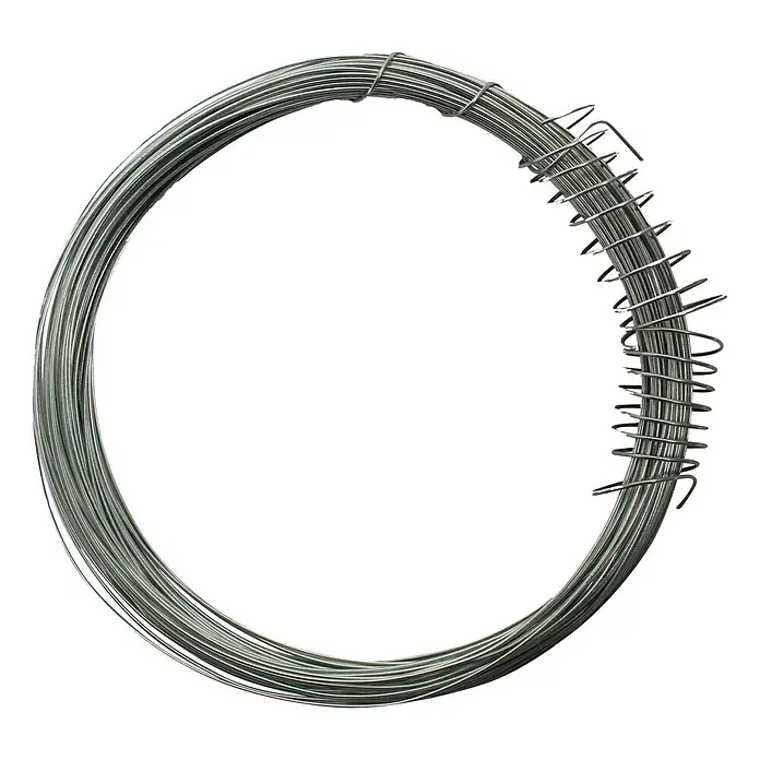 Stabilit Alambre - Ø x L: 1,2 mm x 2.200 cm, Metal - Primer plano de un alambre galvanizado, enrollado en espiral y formando un círculo.