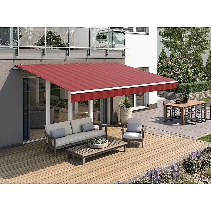 Solid Elements Gelenkarmmarkise D035 - Rot/Bordeaux, Breite: 4 m, Ausfall: 2,5 m - Stimmungsaufnahme