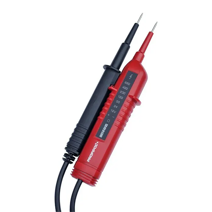 Benning Spannungsprüfer Profipol Plus - Messbereich Gleichspannung: 12 V - 690 V - Das Bild zeigt einen zweipoligen Spannungsprüfer, mit dem elektrische Spannungen zuverlässig geprüft werden können.