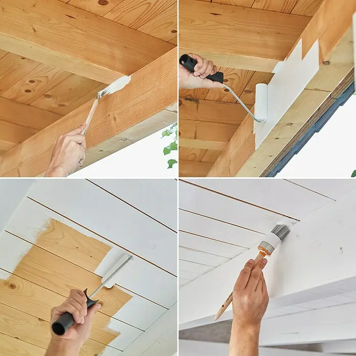 swingcolor Weißlack 3in1 - Weiß, Seidenglänzend, 750 ml, Lösemittelbasiert - Vier Bilder zeigen, wie eine Holzdecke mit Pinsel und Farbroller weiß gestrichen wird, um ihr ein frisches, neues Aussehen zu verleihen.