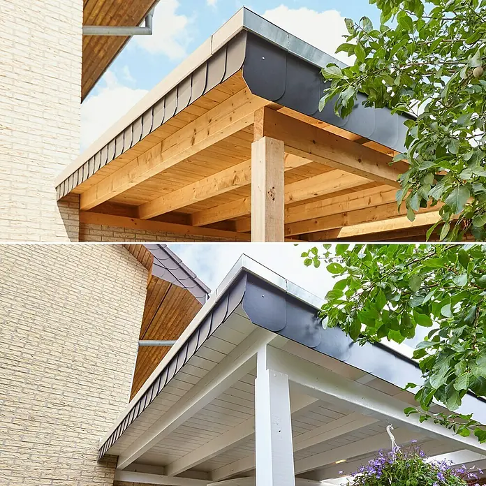 swingcolor Weißlack 3in1 - Weiß, Seidenglänzend, 750 ml, Lösemittelbasiert - Das Bild zeigt zwei Terrassenüberdachungen mit stilvollem Metalldach, die sich ideal für den Außenbereich eignen und Schutz vor Wettereinflüssen bieten.