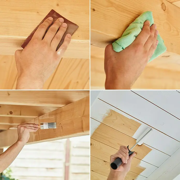 swingcolor Weißlack 3in1 - Weiß, Seidenglänzend, 750 ml, Lösemittelbasiert - Schritte zur Holzveredelung: Schleifen, Reinigen, Auftragen und Streichen, um das Holz für ein perfektes Finish vorzubereiten.
