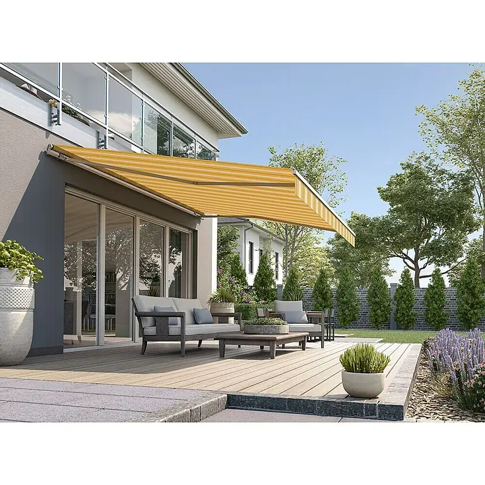 Solid Elements Gelenkarmmarkise 30A774 - Gelb/Grau, Breite: 3,5 m, Ausfall: 2 m - Diese Außenmarkise in Gelb-Weiss bietet idealen Sonnenschutz für Ihre Terrasse und schafft eine gemütliche Atmosphäre im Freien.