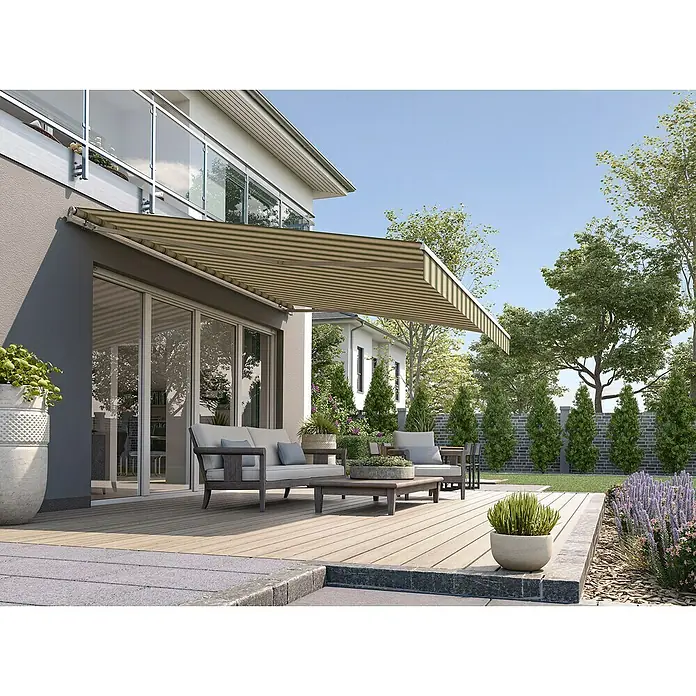 Solid Elements Gelenkarmmarkise 320B70 - Grün/Beige, Breite: 5 m, Ausfall: 2 m - Eine stilvolle Terrassenüberdachung mit Markise bietet Schutz vor Sonne und Regen und schafft einen gemütlichen Außenbereich zum Entspannen.