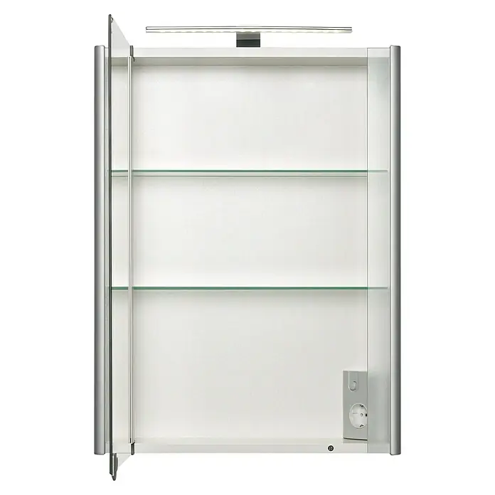 Jokey LED-Spiegelschrank Elant Light 50 - B x H: 50 x 67 cm, Holz, Aluminium - Innenansicht eines Spiegelschranks mit Glasböden und integrierter Beleuchtung. Praktisch und stilvoll für jedes Badezimmer.
