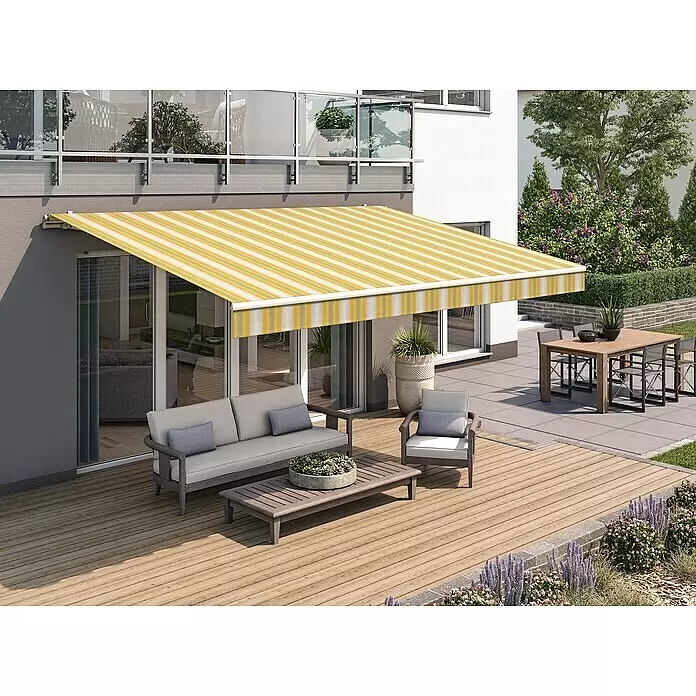 Solid Elements Gelenkarmmarkise 30A774 - Gelb/Grau, Breite: 3,5 m, Ausfall: 2 m - Stimmungsaufnahme