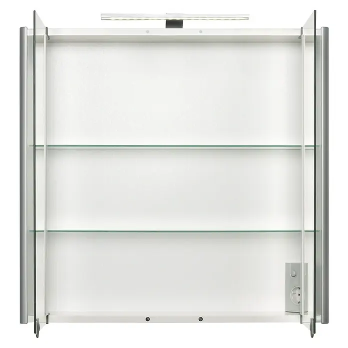 Jokey LED-Spiegelschrank Elant Light 70 - B x H: 70 x 67 cm, Holz, Aluminium - Abbildung eines Spiegelschranks mit Beleuchtung, Glasablagen und einer Steckdose. Das Produkt hat ein modernes, minimalistisches Design.