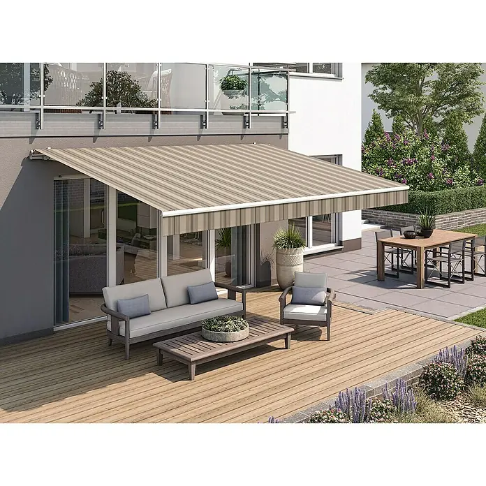Solid Elements Gelenkarmmarkise 320715 - Beige/Braun, Breite: 5 m, Ausfall: 3 m - Die Markise spendet Schatten auf der Terrasse und bietet einen gemütlichen Platz zum Entspannen im Freien. Die Terrassenmöbel laden zum Verweilen ein.