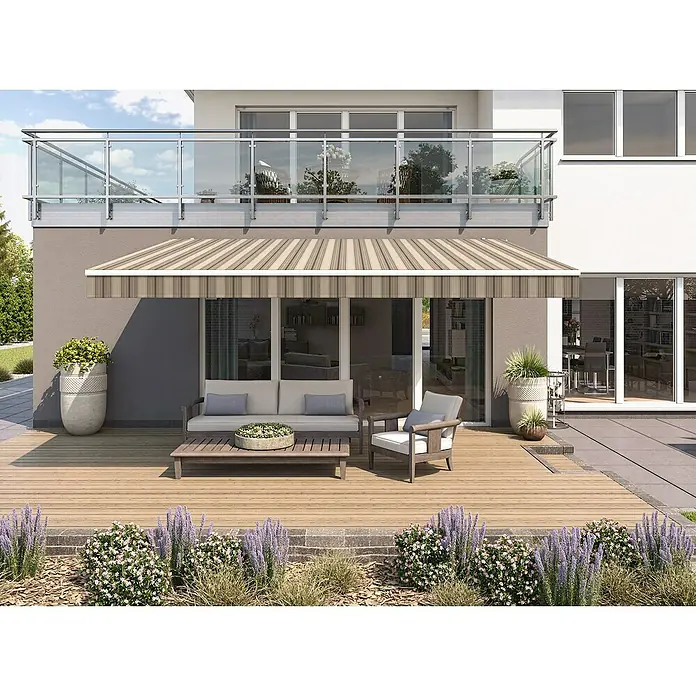 Solid Elements Gelenkarmmarkise 320715 - Beige/Braun, Breite: 5 m, Ausfall: 3 m - Die stilvolle Markise mit beigem Streifenmuster spendet Schatten auf der Terrasse und sorgt für ein angenehmes Ambiente.