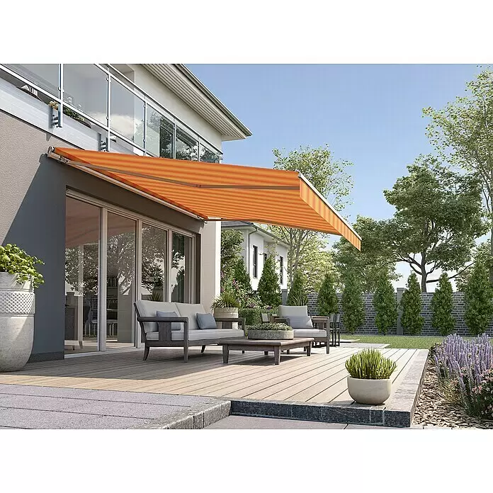 Solid Elements Gelenkarmmarkise 320180 - Gelb/Orange, Breite: 5 m, Ausfall: 3 m - Stimmungsaufnahme