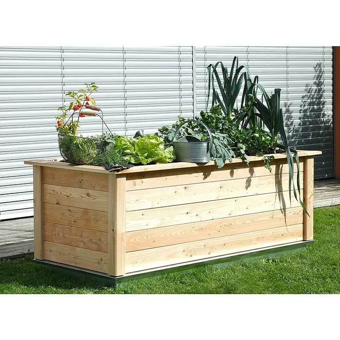 KGT Hochbeet Woody 210 - 214 x 99 x 79 cm, Holz, Natur - Hochbeet aus Holz mit frischem Gemüse, darunter Salat und Lauch, für den Garten oder die Terrasse.\n